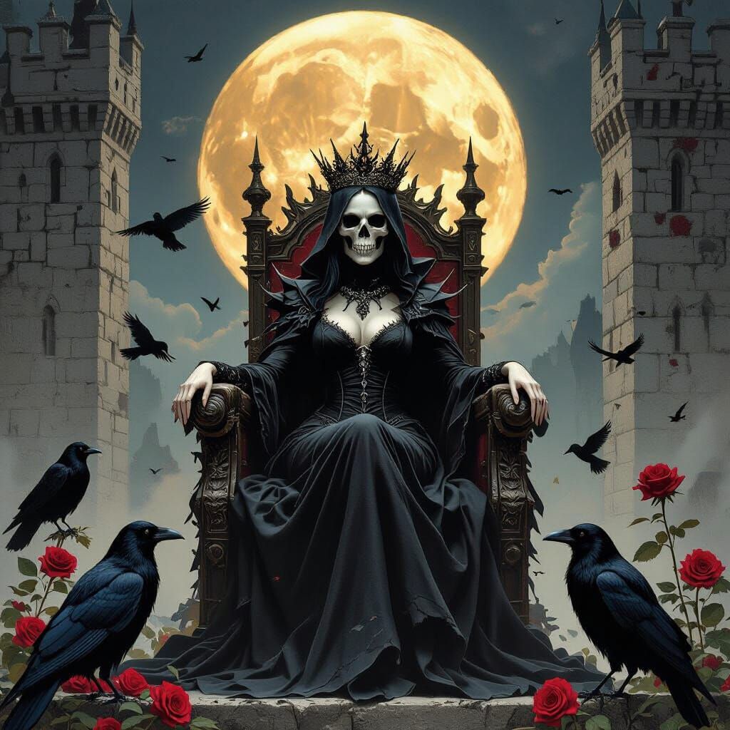 Dark Queen of Fire on Throne with Skull and Moon