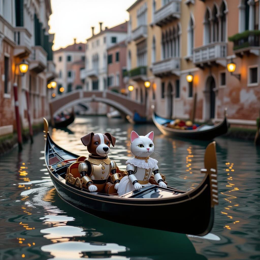 Robodog and Robocat in Venice, Photorealistic Style