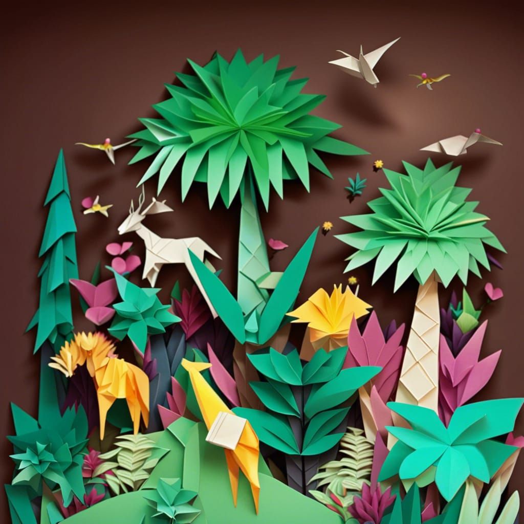 Origami Jungle Landscape with Hidden Animals
