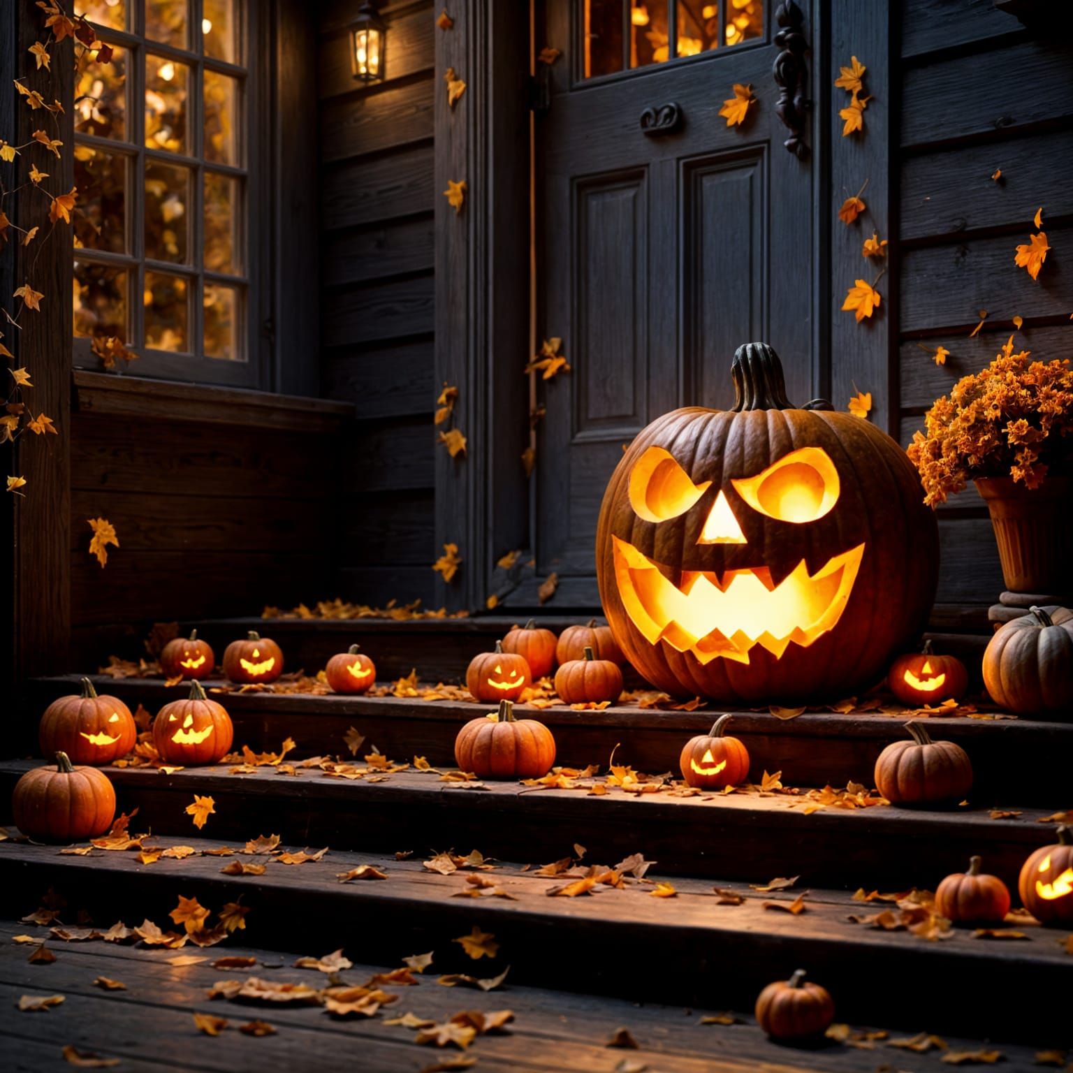 Glowing Carved Jack-o'-Lantern on Autumn Porch