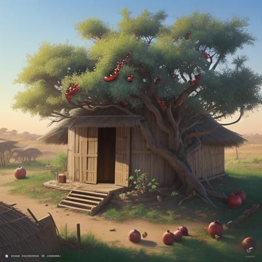 Pomegranate Tree Near Hut in Anime Style