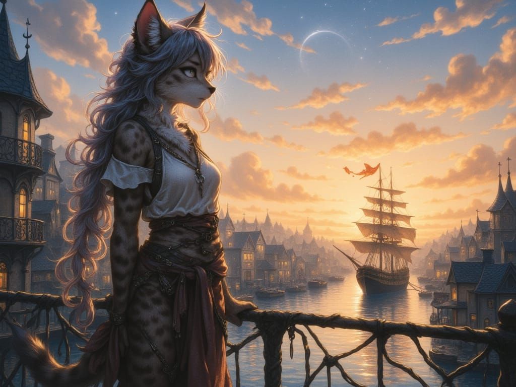 Catgirl Overlooking Fantasy Harbor as Ink Painting