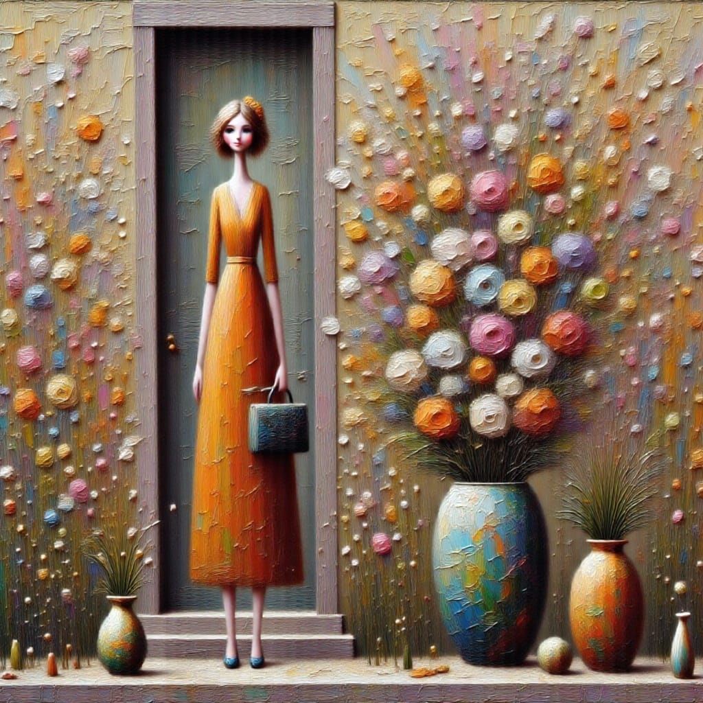 Terracotta Bowl of Flowers Before Rustic Door in Dreamy Impa...