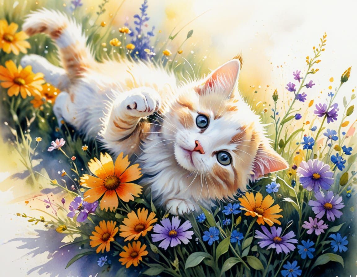 Whimsical Watercolor of a Kitten in a Sunlit Meadow