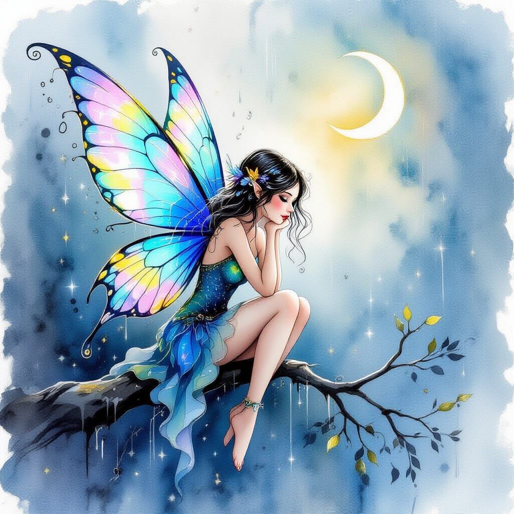 Thoughtful Fairy in Night Rain, Iridescent Blue Glasswork