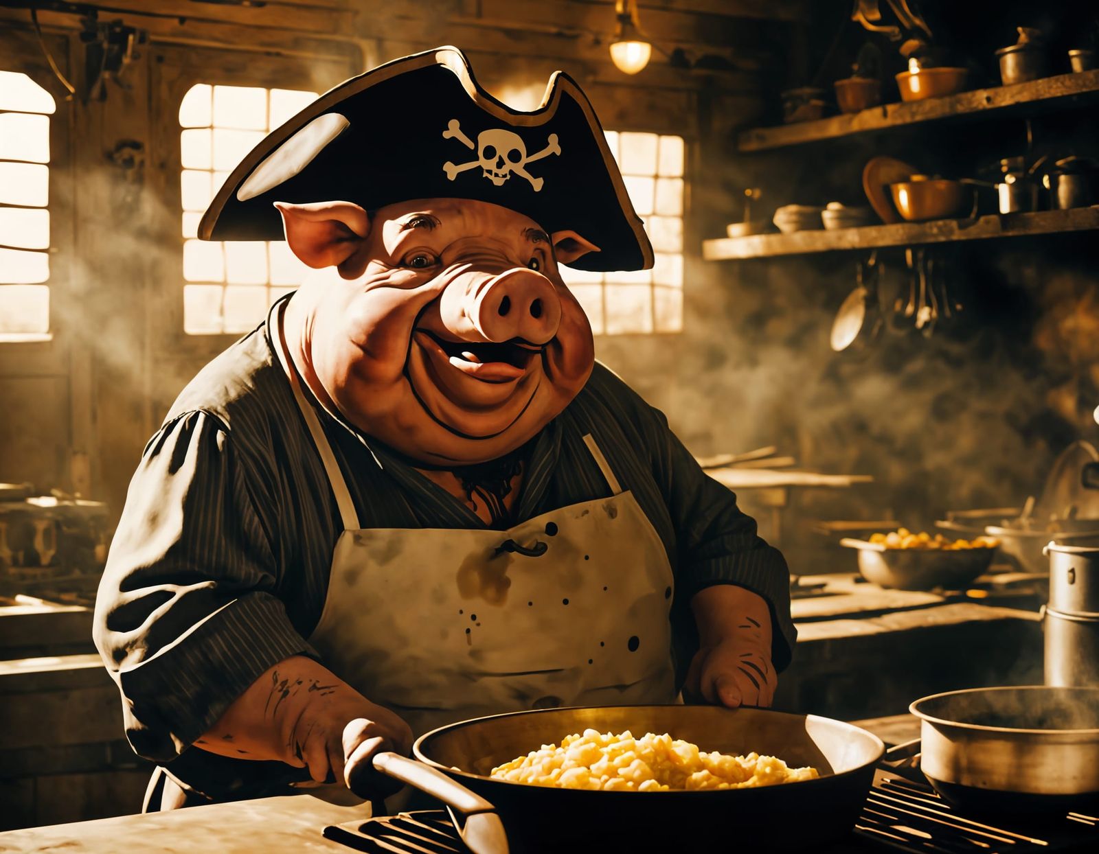 Pirate Pig Cook in Galley: Cinematic Film Still