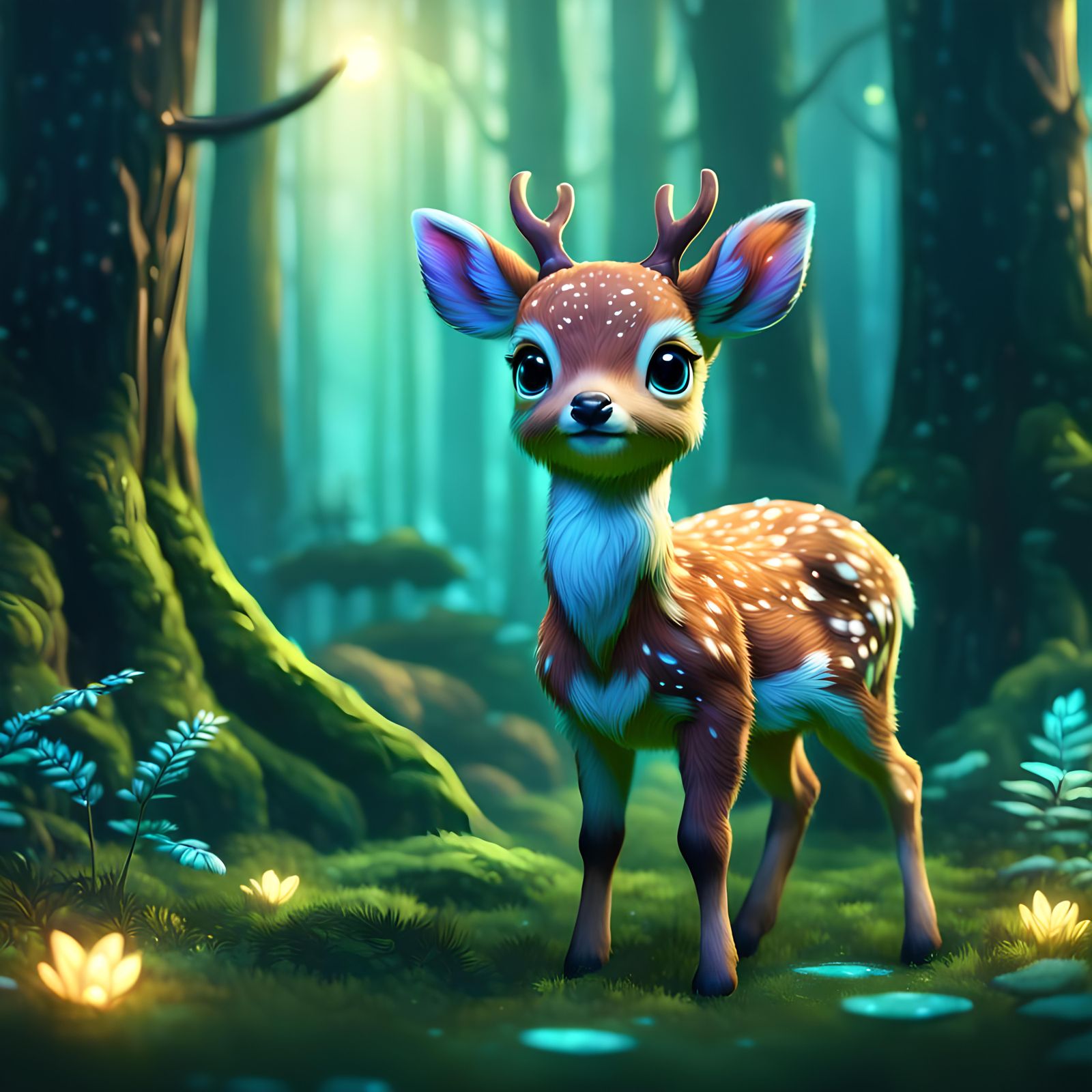 Chibi Deer in Enchanted Forest: Fantasy Concept Art