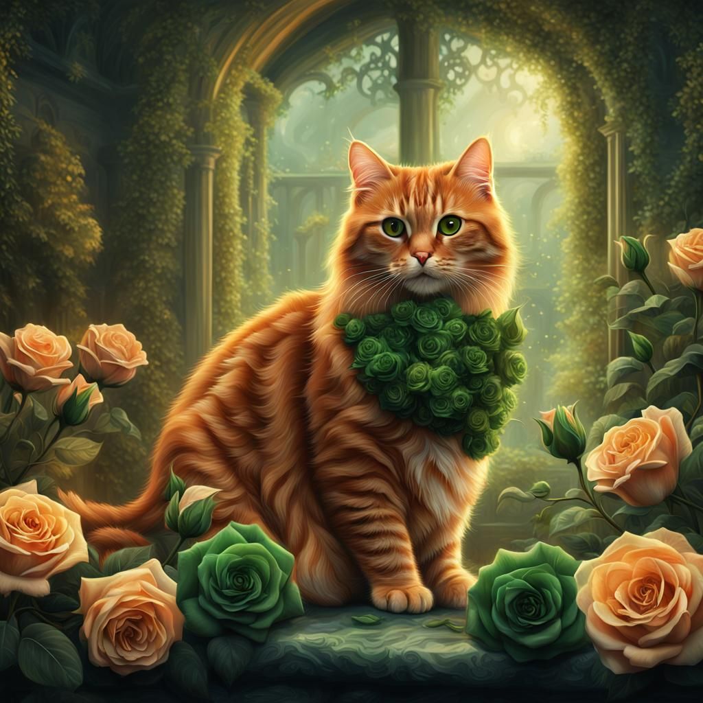 Ginger Cat with Green Roses Digital Painting