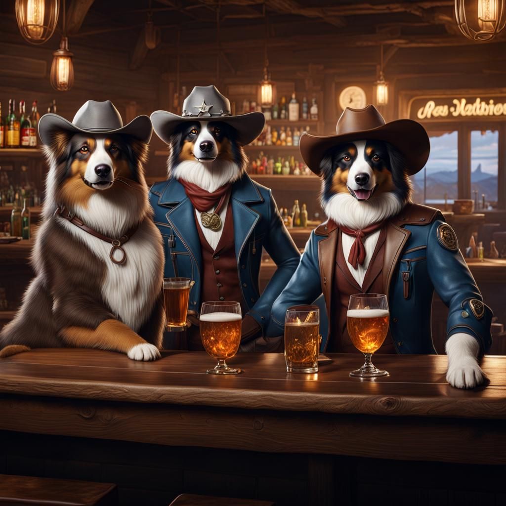 Anthropomorphic Australian Shepherds as Cowboys at a Bar