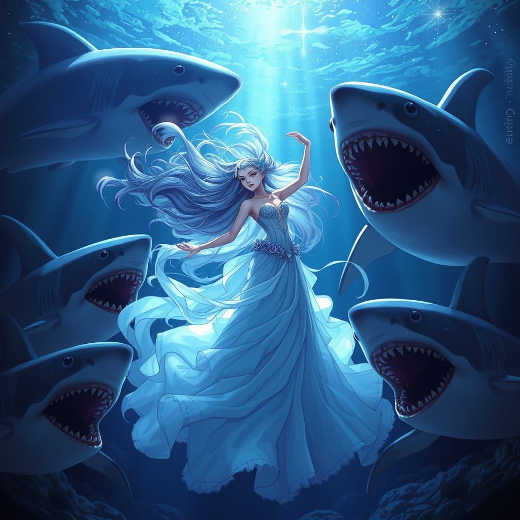 Goddess Dances with Sharks in Galactic Ocean, Anime Style
