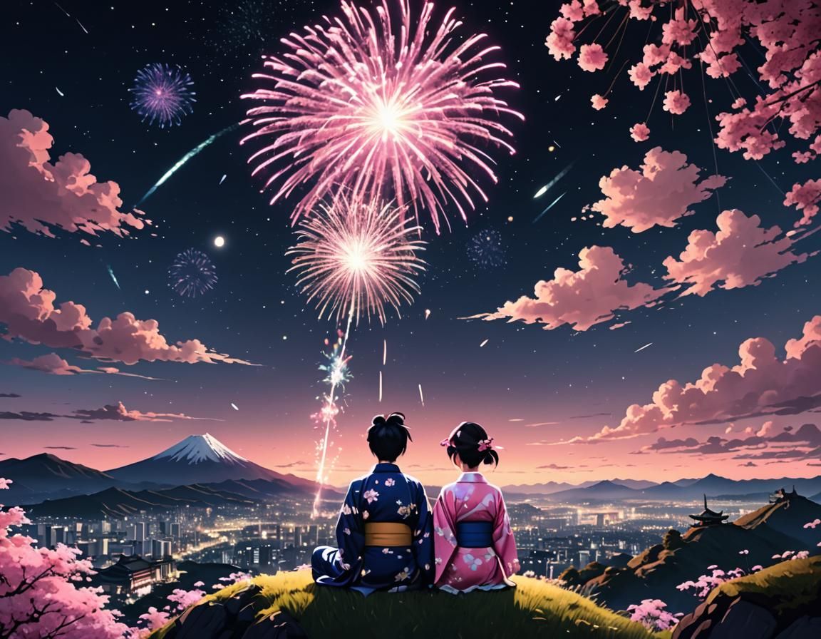 Japanese Couple Watching Pink Fireworks in Fisheye Illustrat...