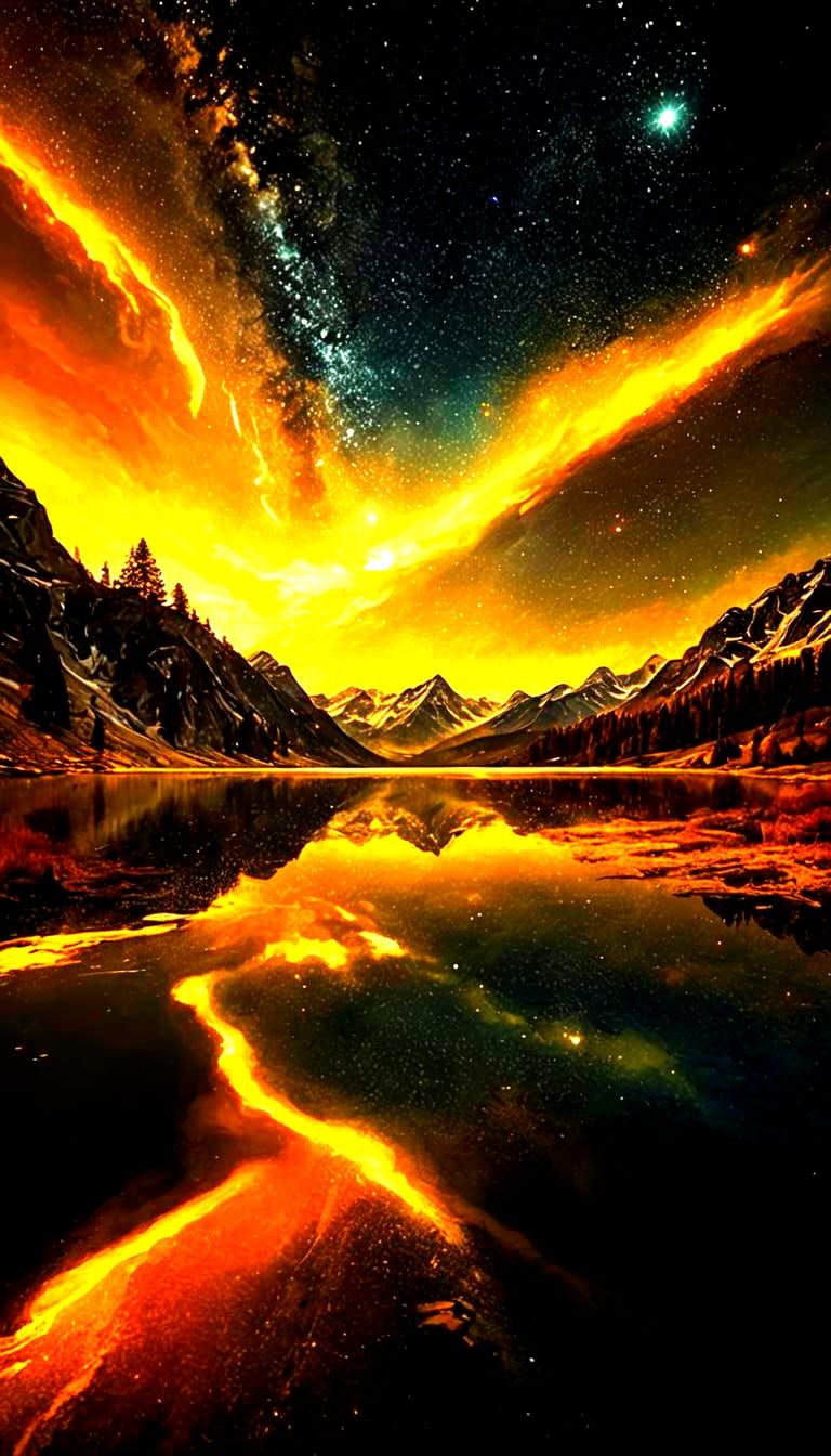 Yellow Milky Way Over Mountain Lake