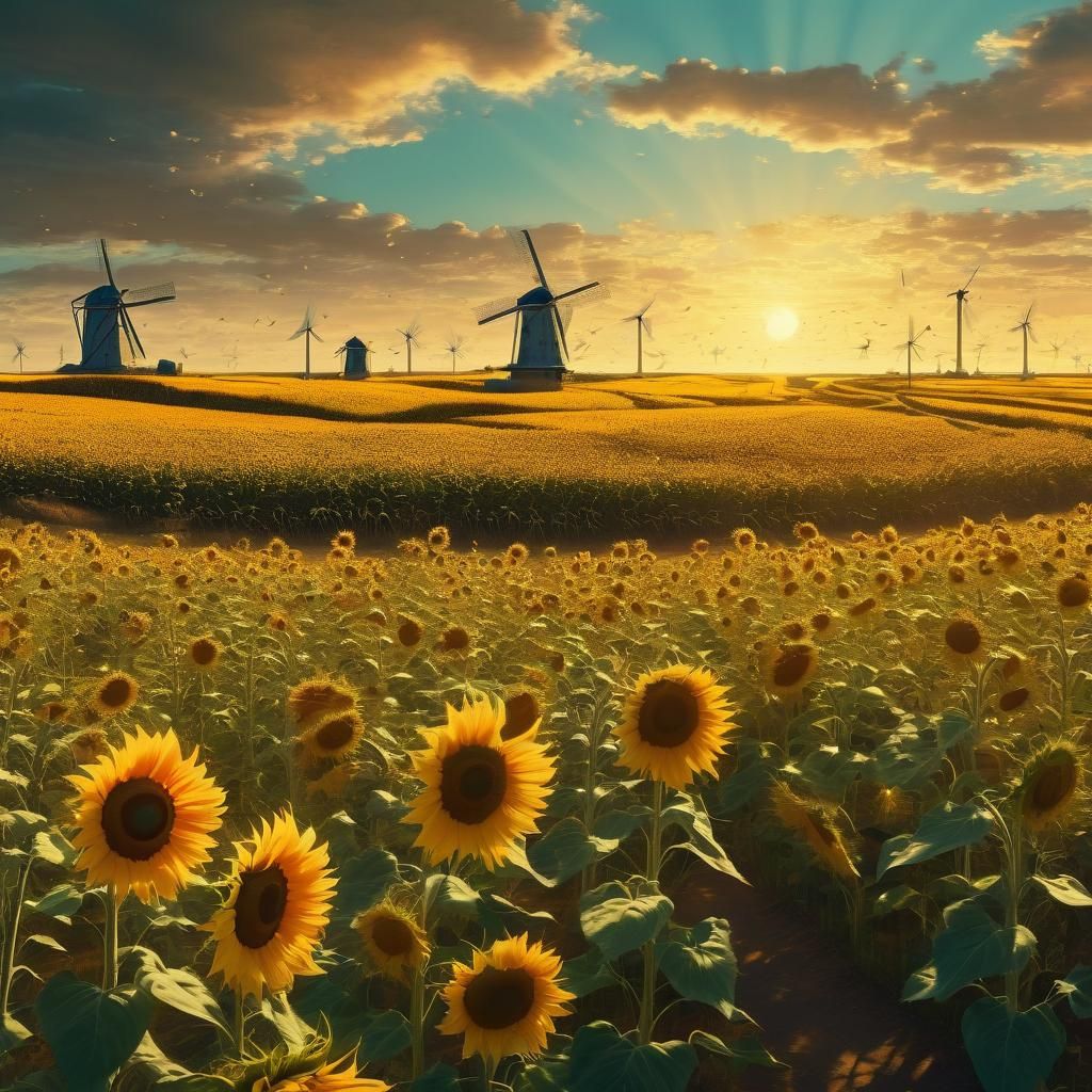 Windmills and Sunflowers in Vivid Digital Painting