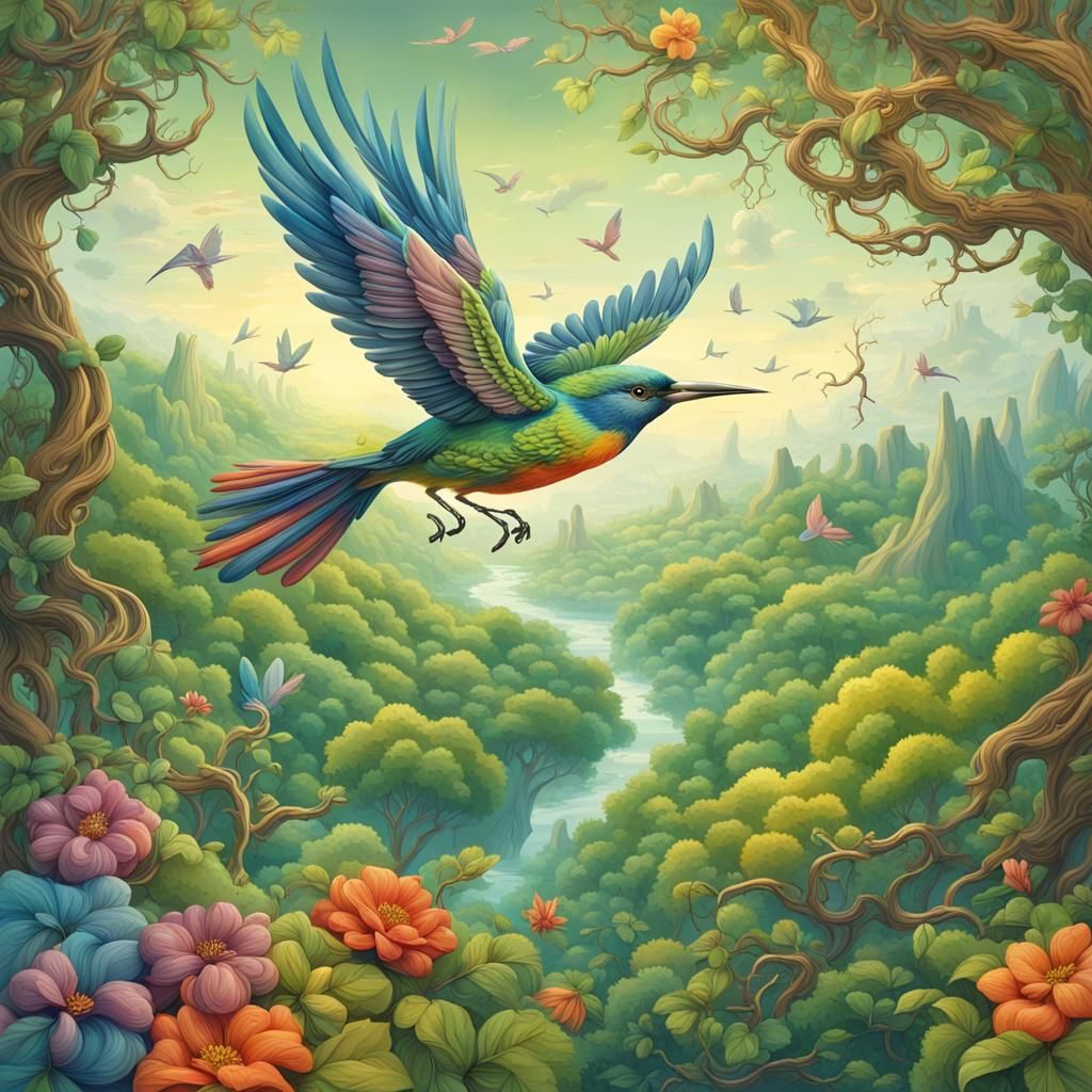 Colorful Bird Flies Over Enchanted Landscape