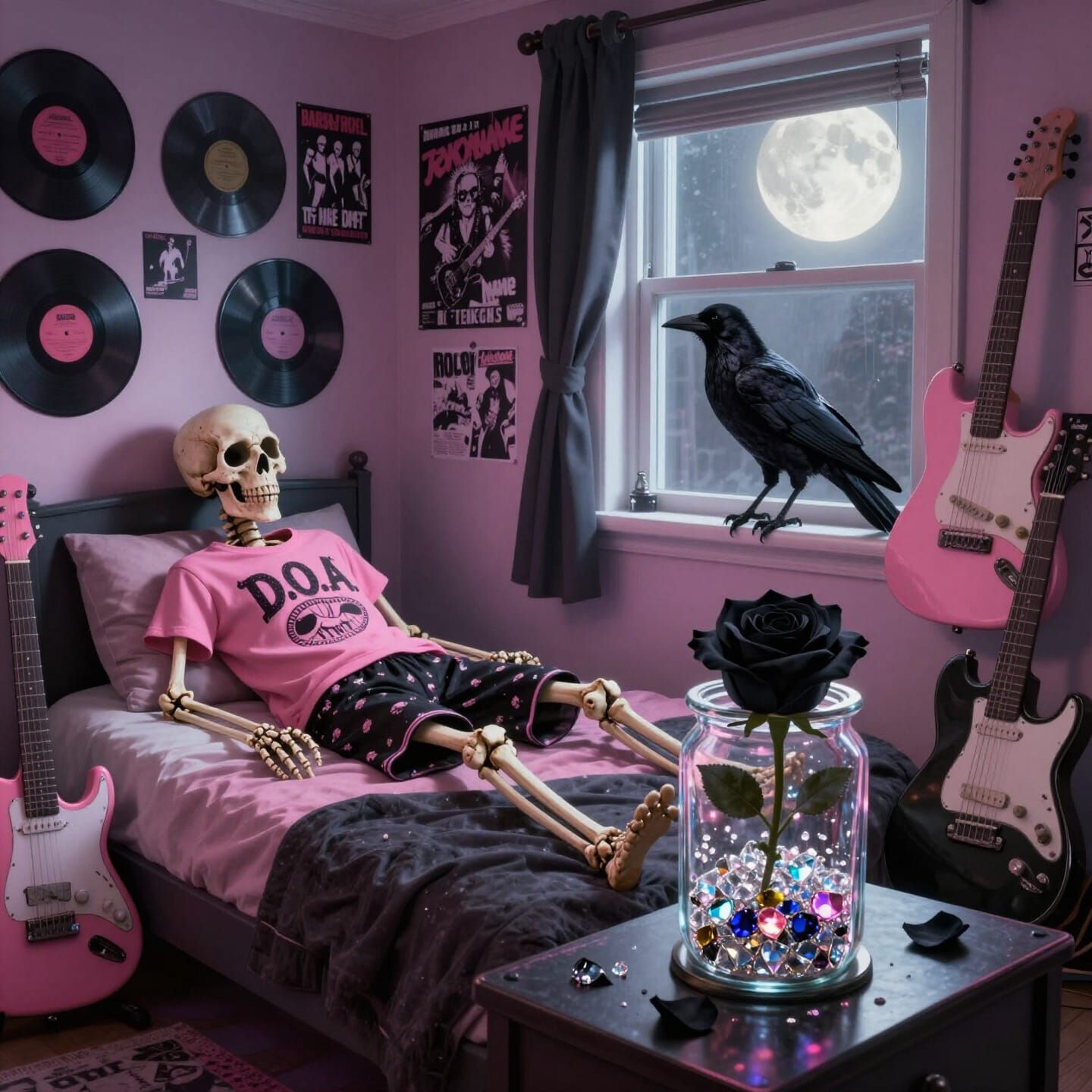 Punk Bedroom Scene with Crow and Black Rose