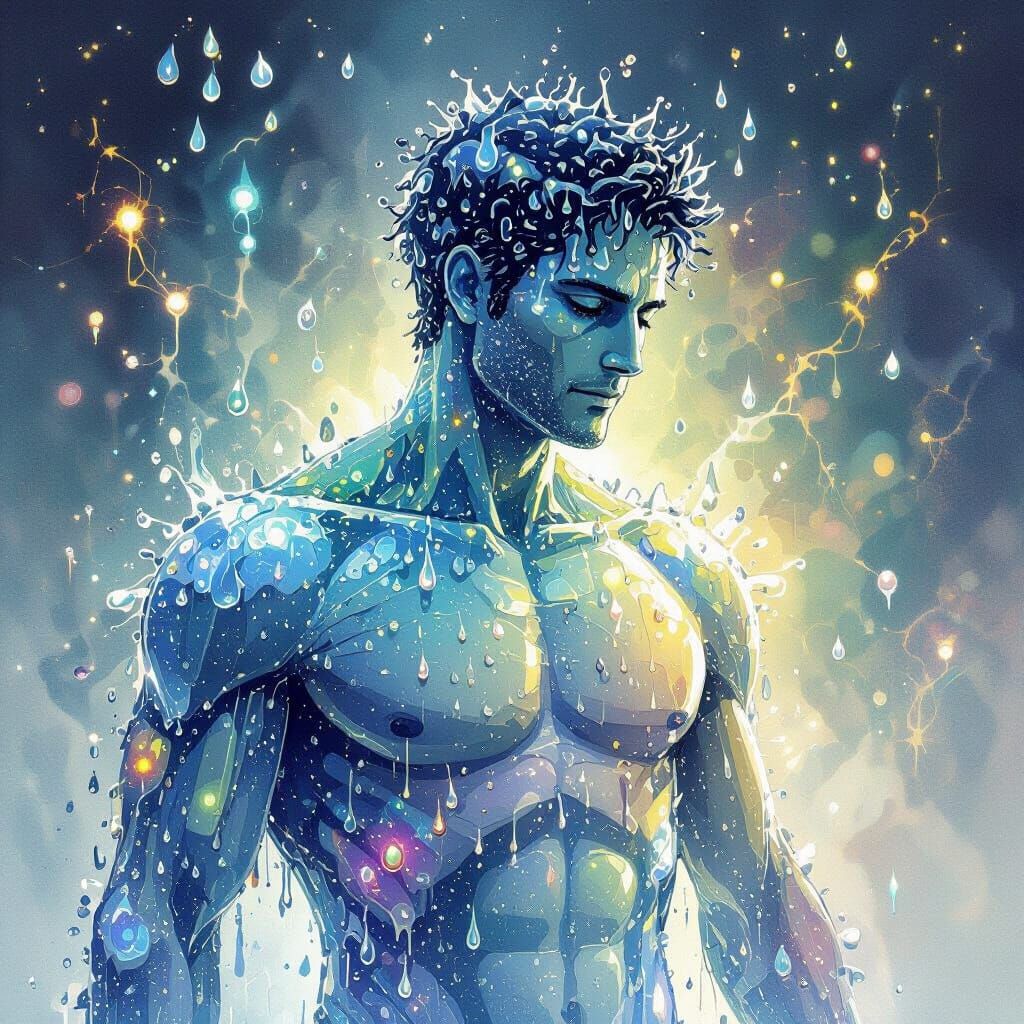 Man Formed of Water Droplets in Fantasy Watercolor Style