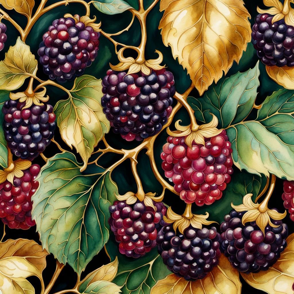 Mulberry Close-Up: Detailed Watercolour Art Nouveau Illustra...