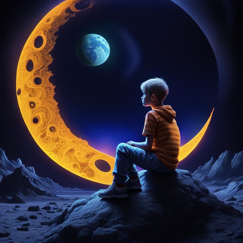 Boy on Moon in Black Light Art Style