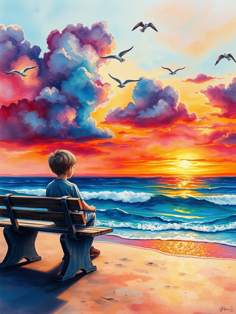 Surreal Boy on Colorful Beach at Ethereal Sunset