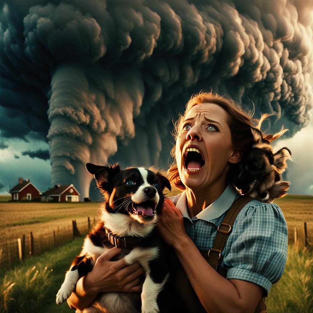 Dorothy and Toto Fleeing Tornado: Cinematic Film Still