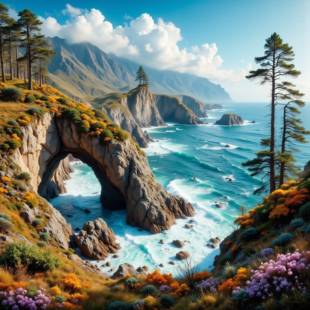 Craggy Island View with Wildflowers, Antique Watercolor Styl...