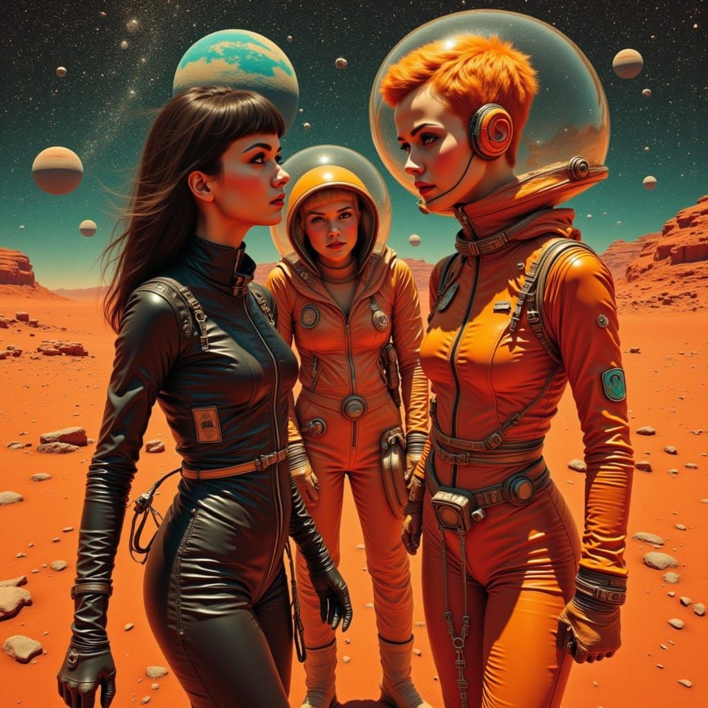 Teen Aliens and Humans on Mars in Retro-Futuristic Style