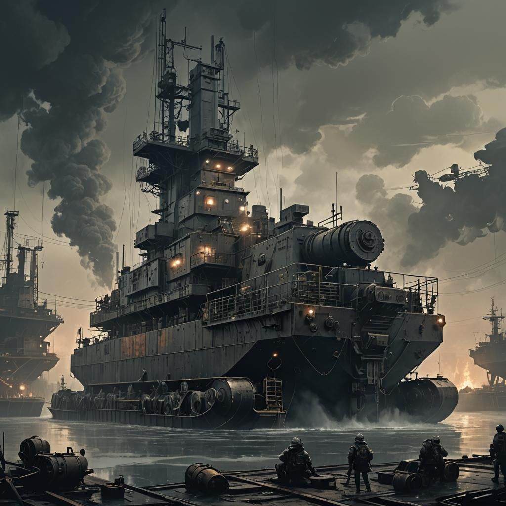 Military Barge with Nuclear Cassette Tape in Dystopian Port