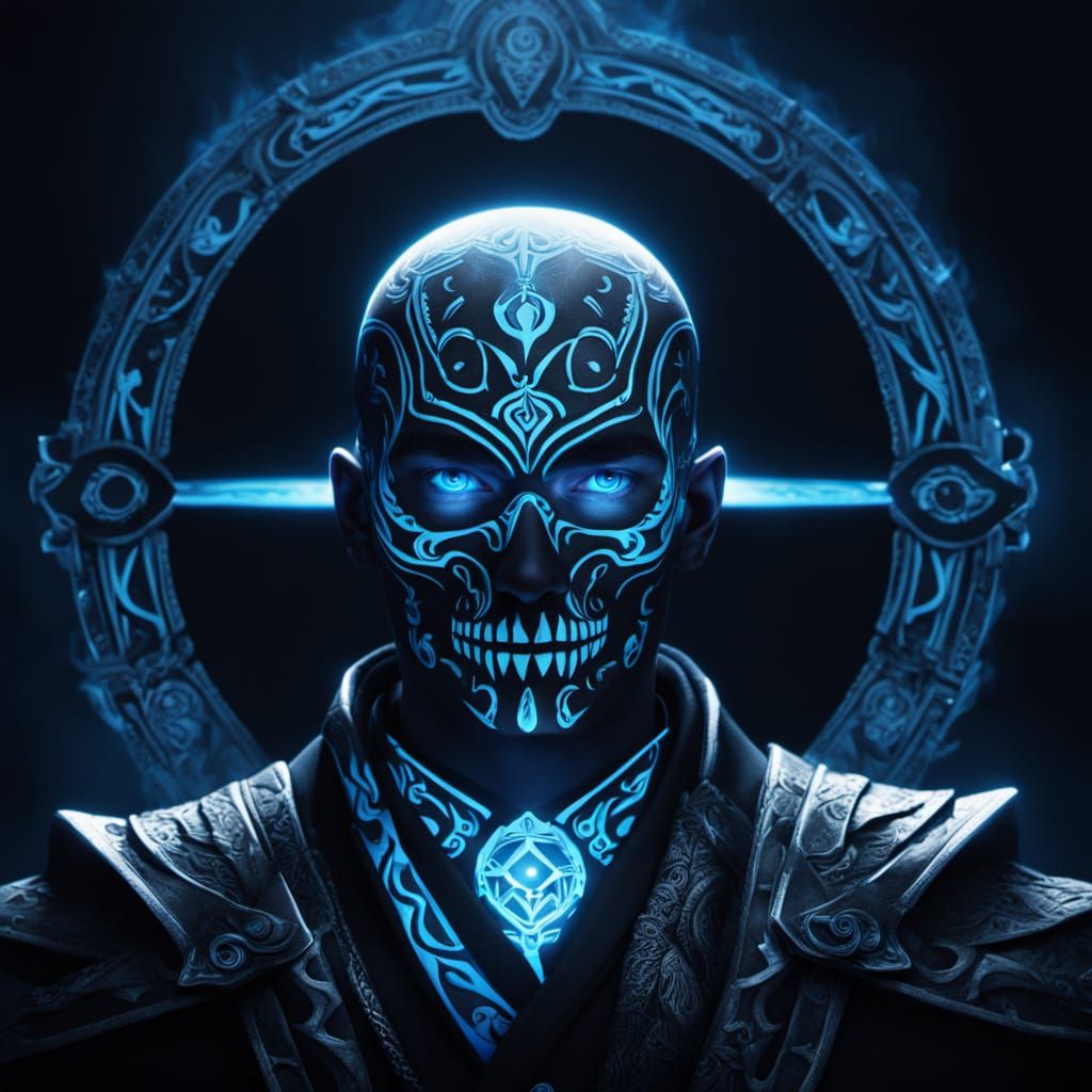 Dark Fantasy Skeleton Man in Black Suit with Blue Accents