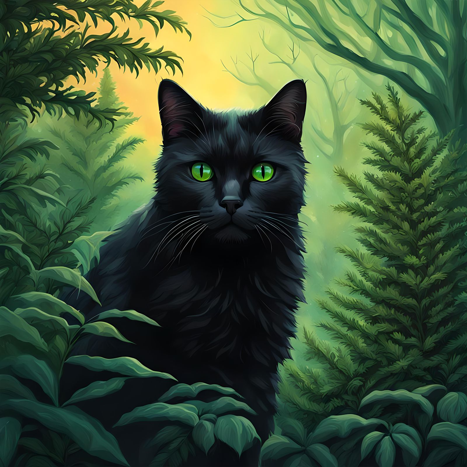 Vivid-Eyed Black Cat in Winter Forest Digital Art