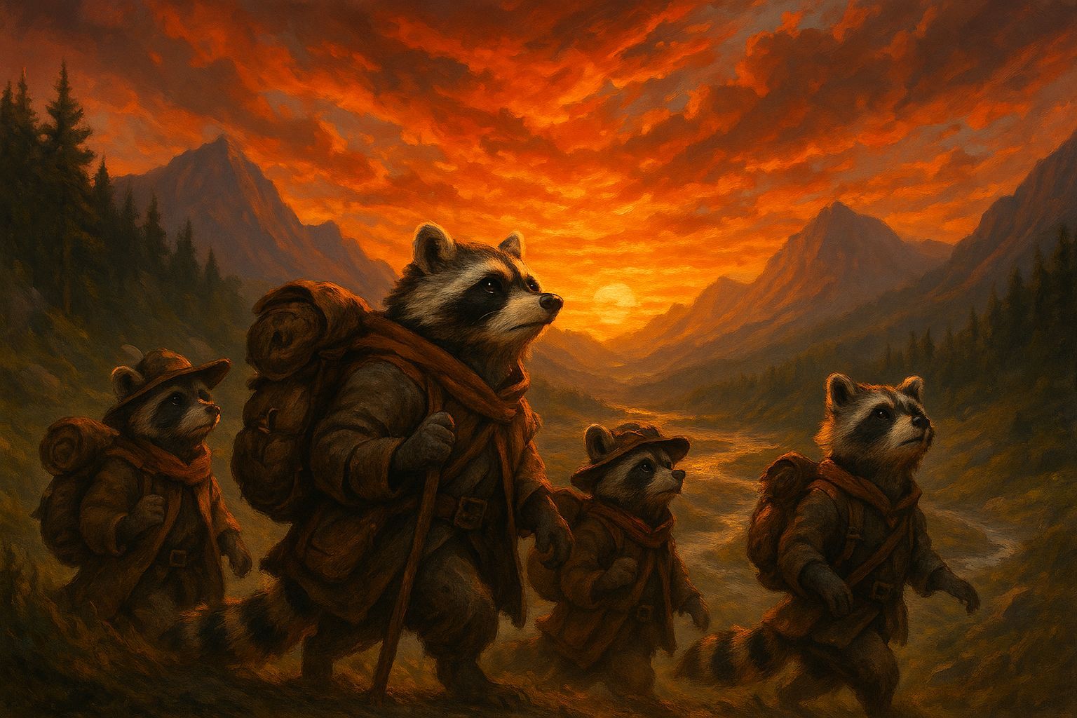 Raccoons Embark on Heroic Journey Under Golden Sunset