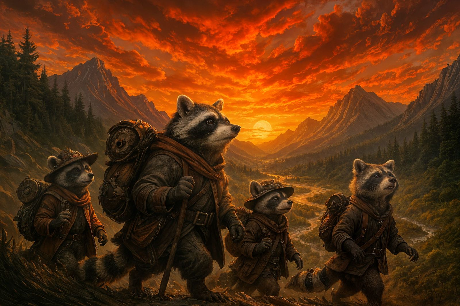 Epic Raccoon Exodus in Golden Sunset