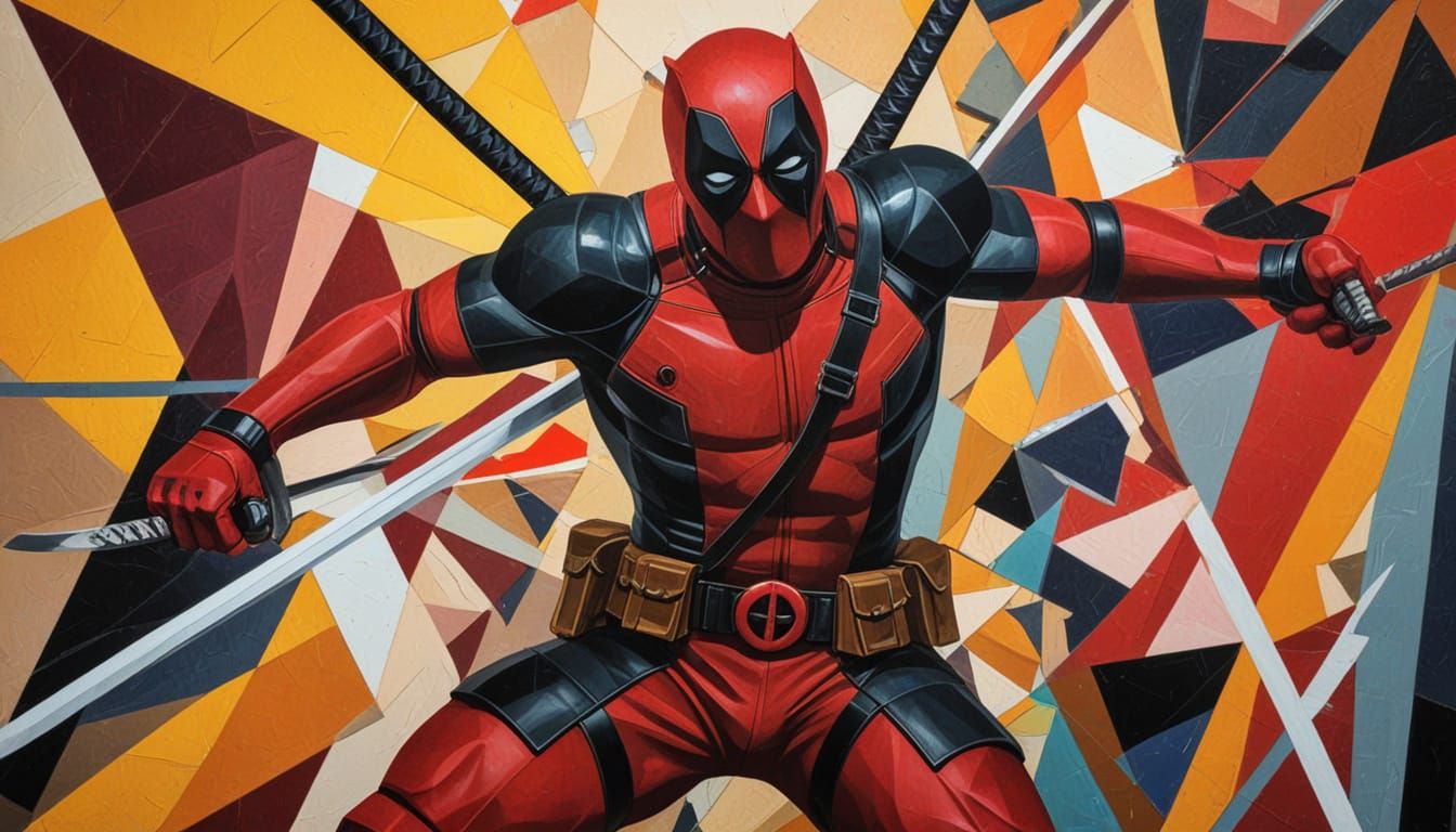 Vibrant Cubist Masterpiece of Deadpool in Mid-Jump