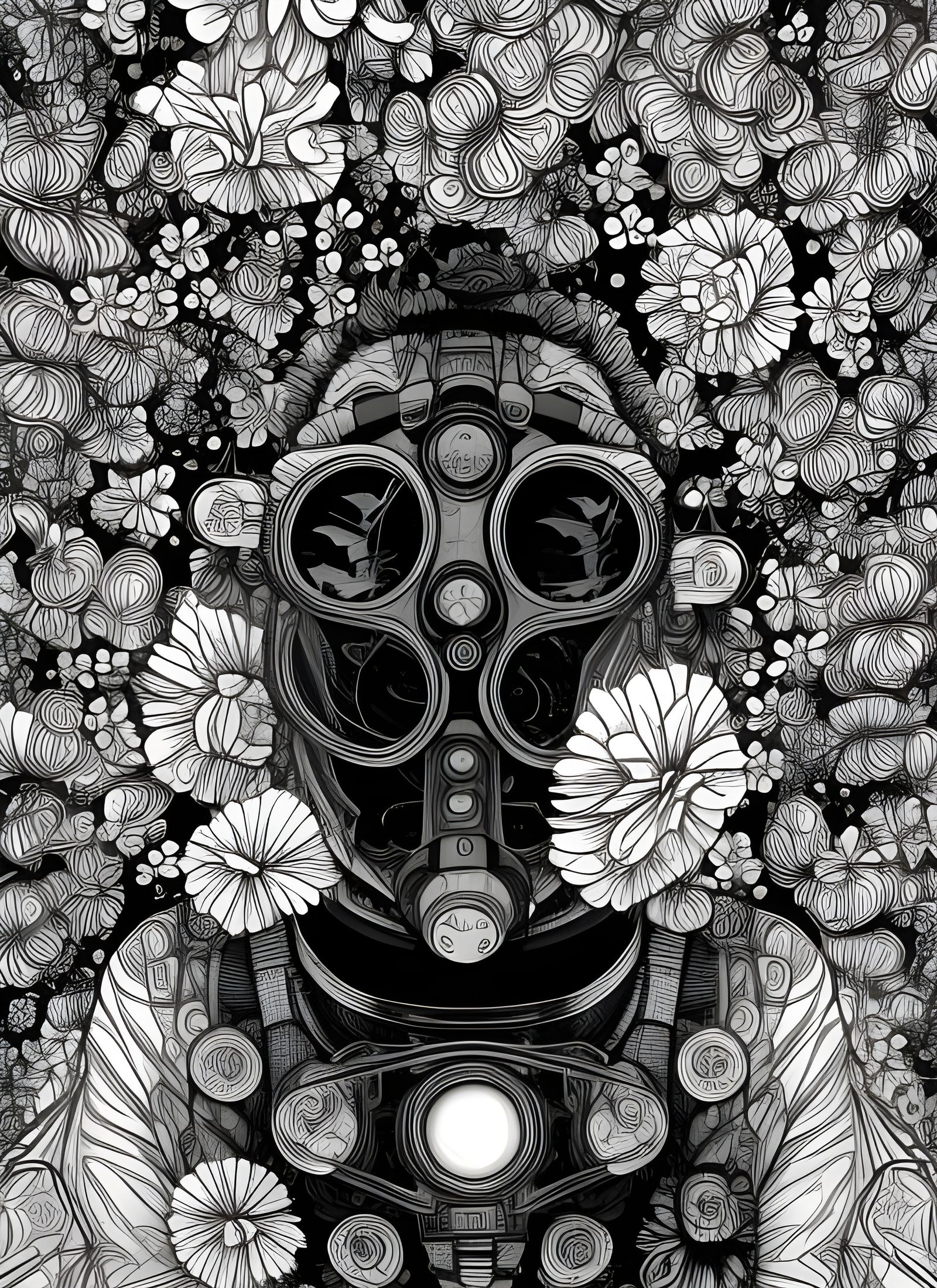 Cyberpunk Gas Mask Man: Floral Line Art