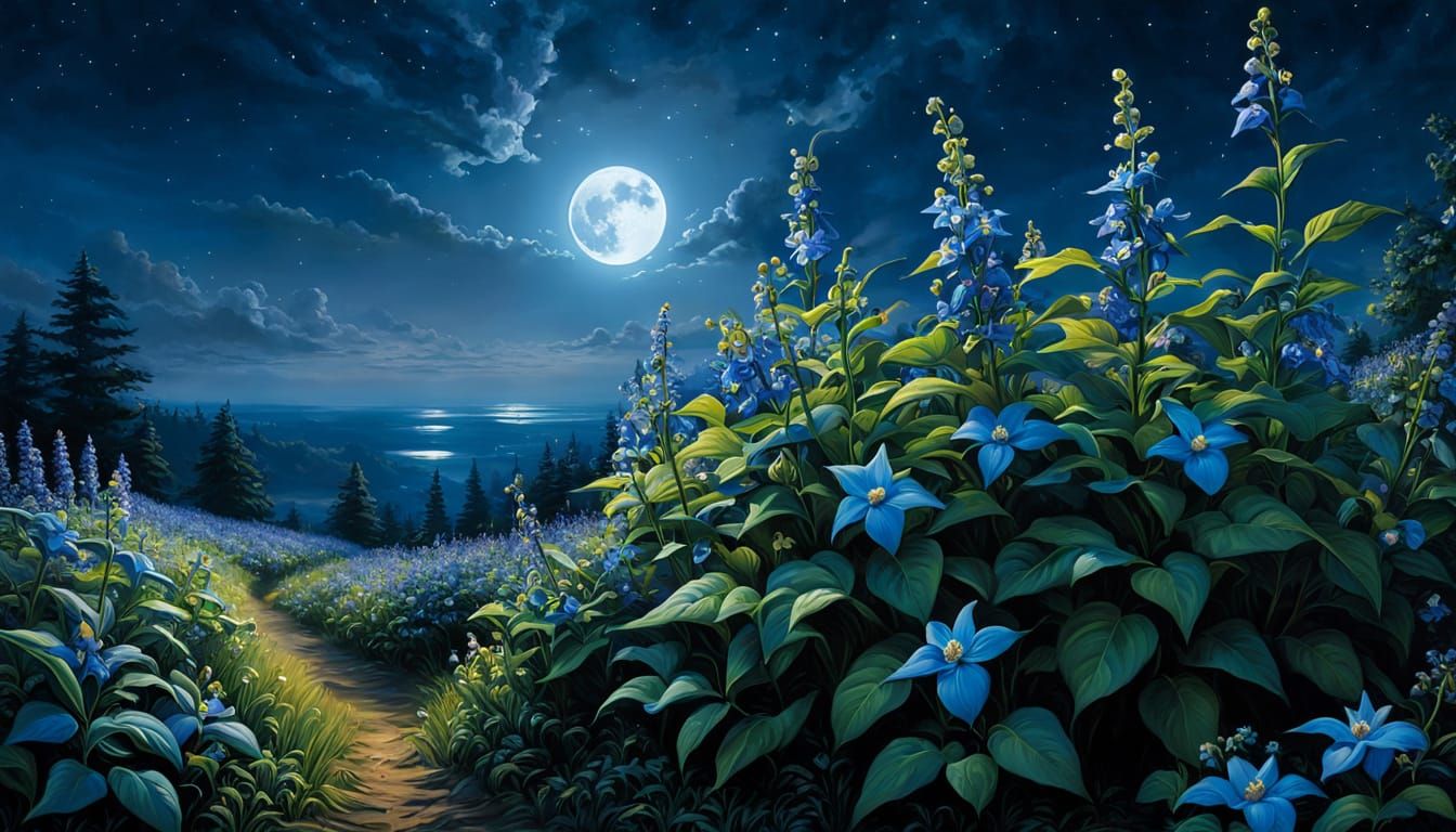 Luminous Blue Nightshade Blooms Under Midnight Moonlight