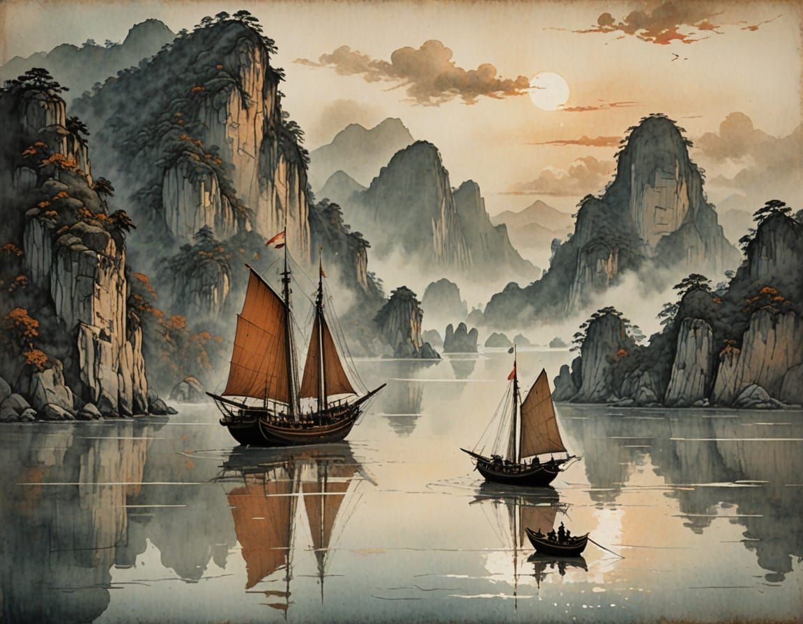 Majestic Chinese Junk Ship in Vietnam Bay