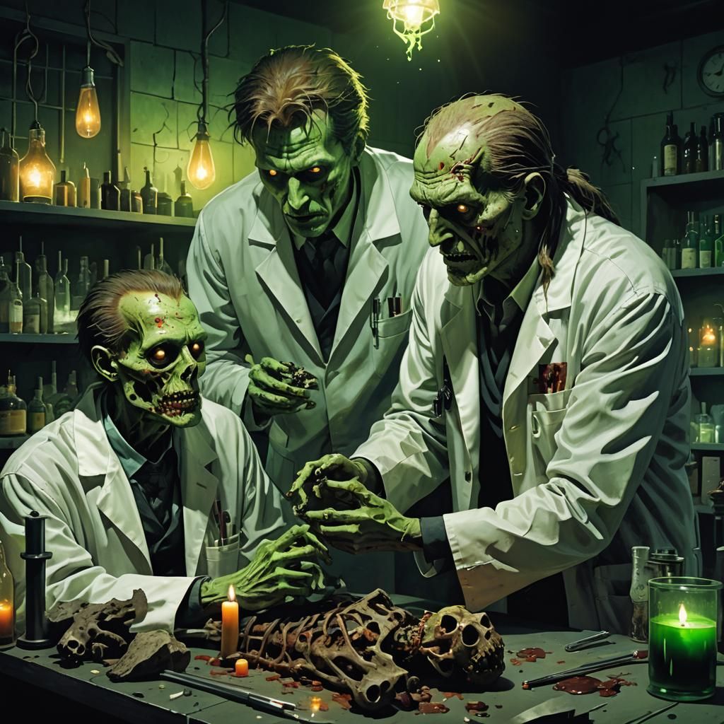 Dark Fantasy Doctor Examines Zombie in Laboratory