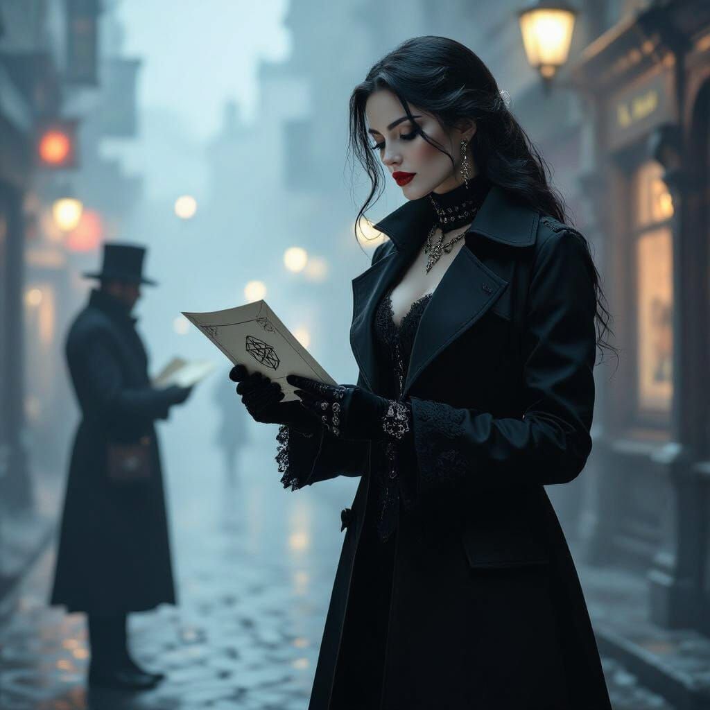 Gothic Woman Receives Letter in Retro-Futuristic City