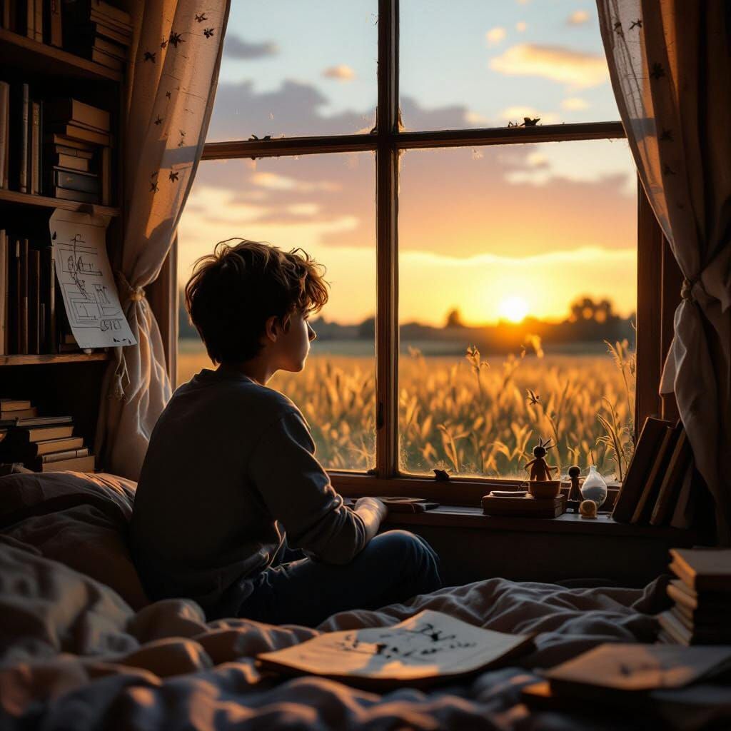 Boy Lost in Thought by Window at Dusk