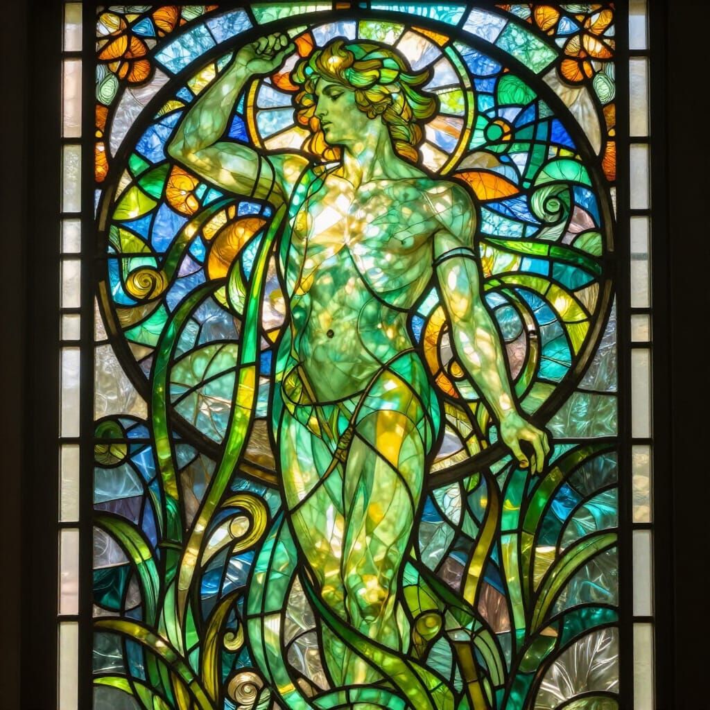 Art Nouveau Stained Glass Green Man With Sunlight
