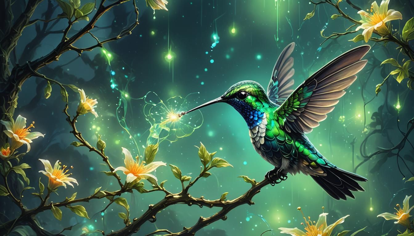 Bioluminescent Hummingbird Drinking Nectar in the Dark