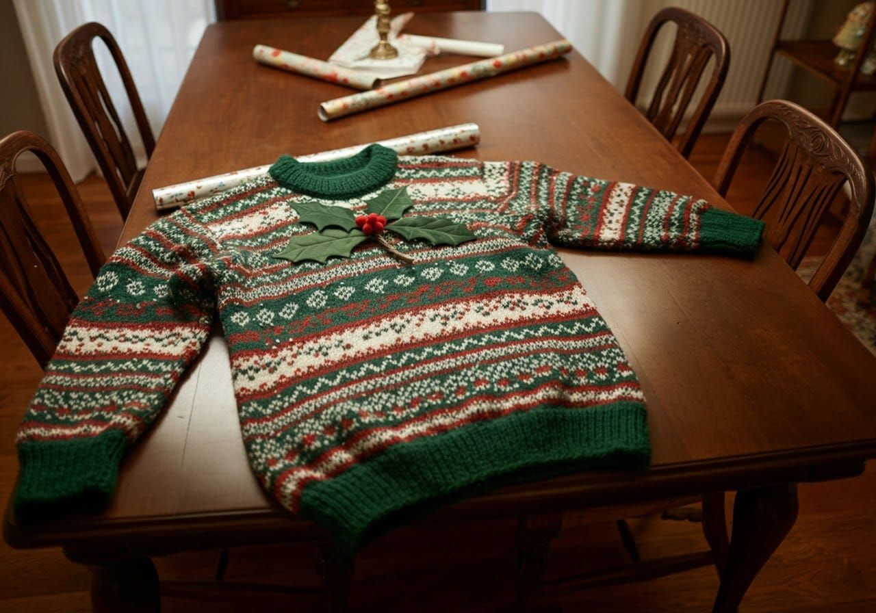 Vibrant Christmas Sweater with Holly Accents in Folk-Art Sty...