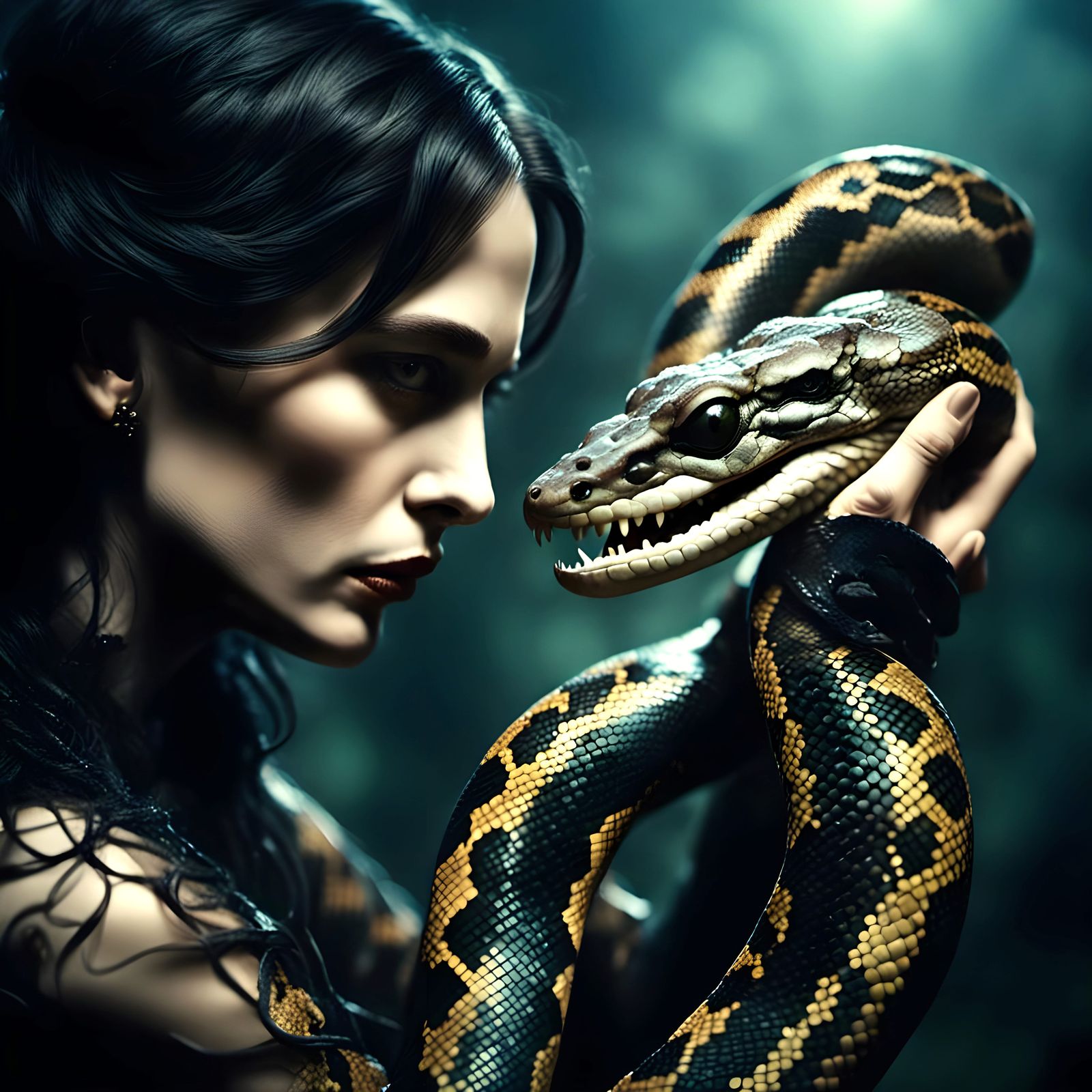 Gothic Woman and Python: Intimate Cinematic Portrait