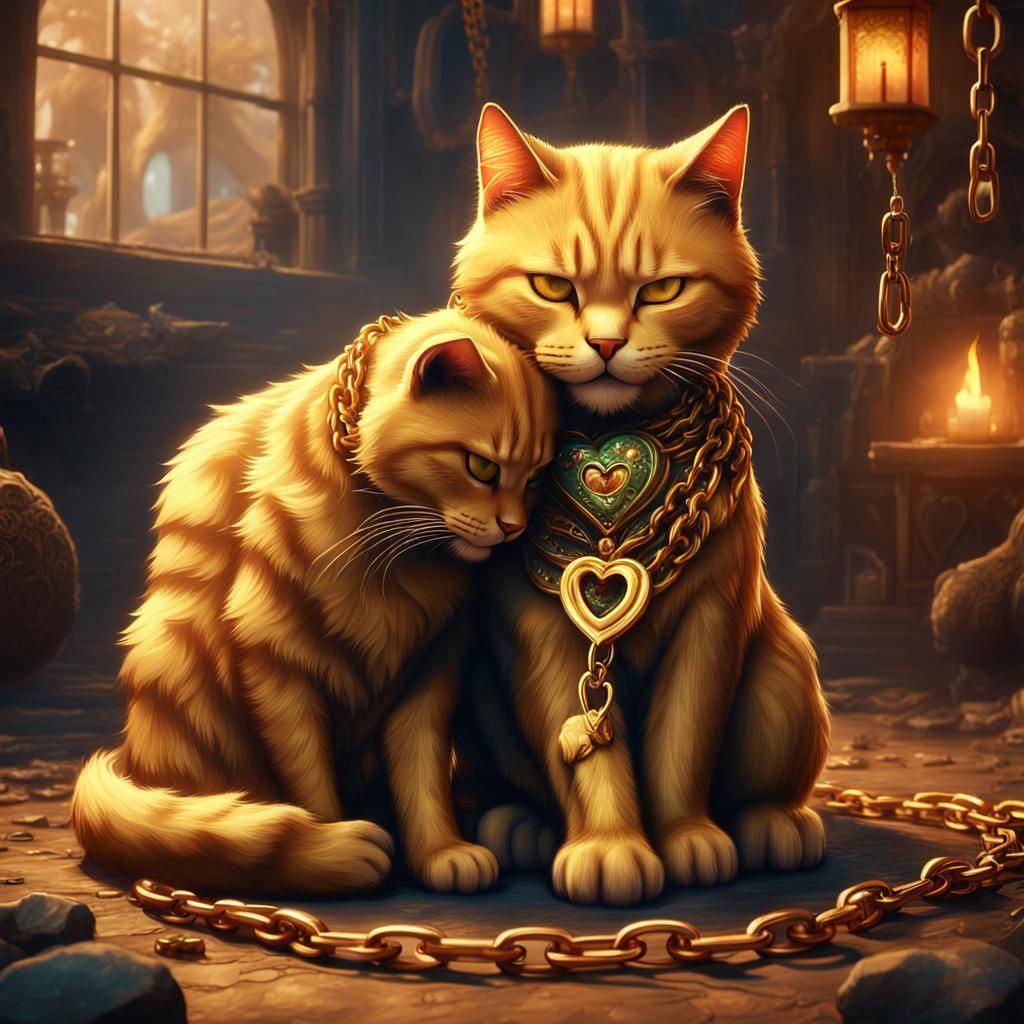 Gold Cat Crying and Hugging Friend: Detailed Fantasy Art