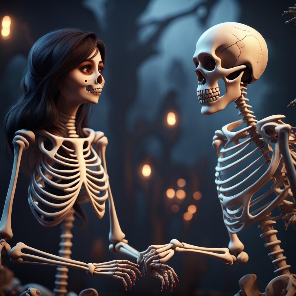 Friendly Skeleton and Girl: Detailed Matte Painting