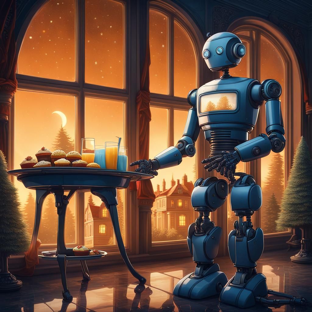 Robot Butler Serving Refreshments under Starry Sky