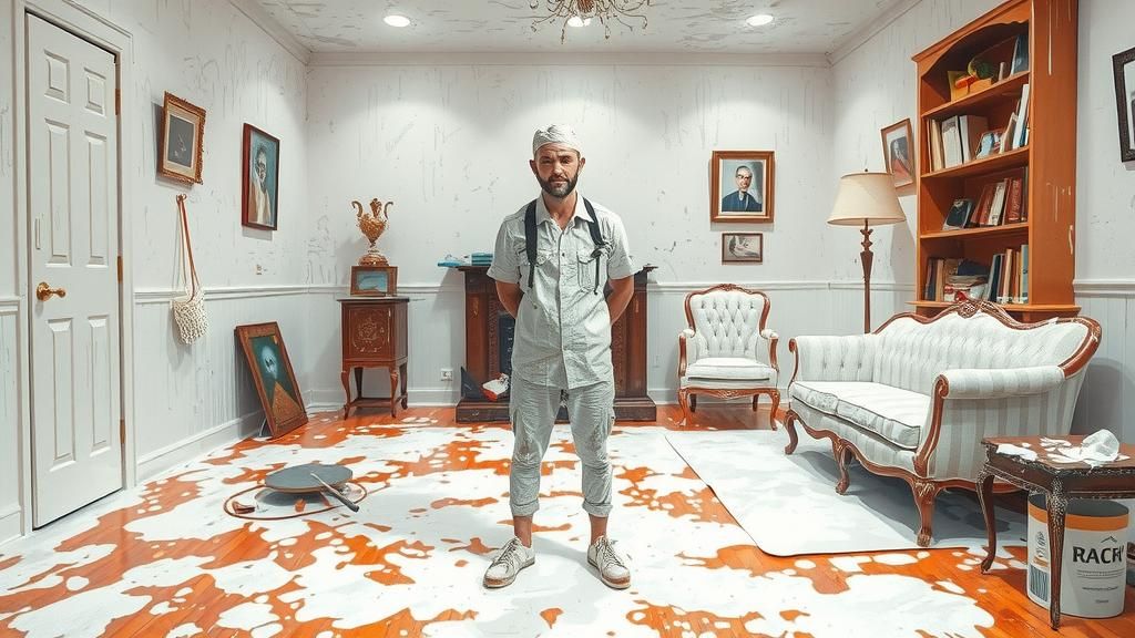 Humorous Painter in a Paint-Splattered Room