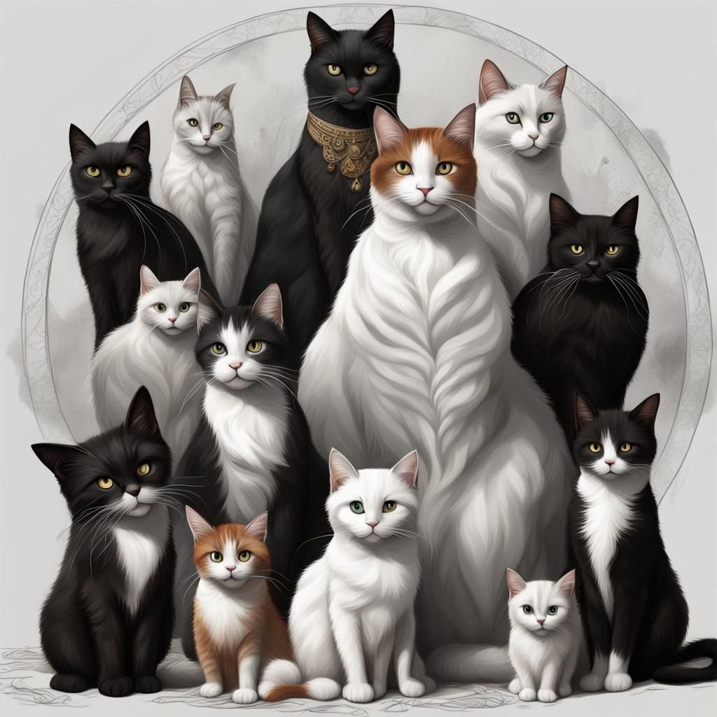 Detailed Cat Family Portrait in Fantasy Style