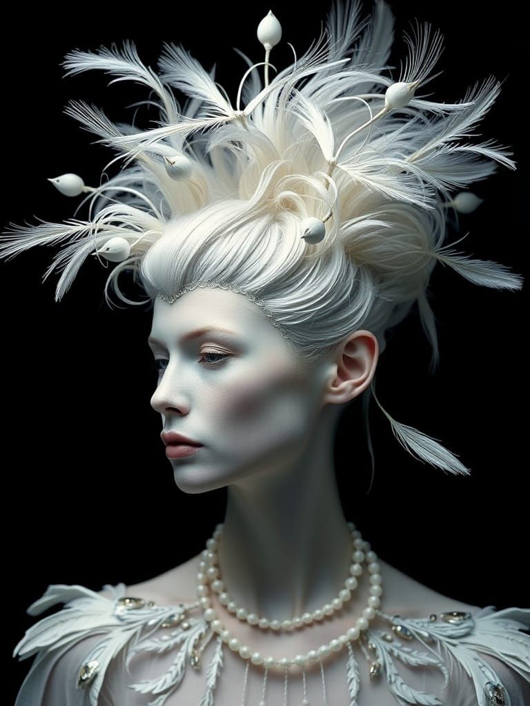 Psychedelic White Hair Portrait with Birdcage