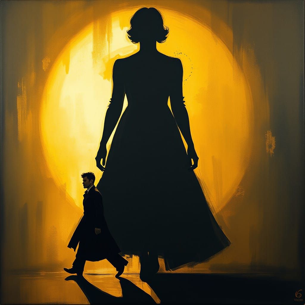 A Man Walks in the Shadow of a Woman, Amidst Golden Light
