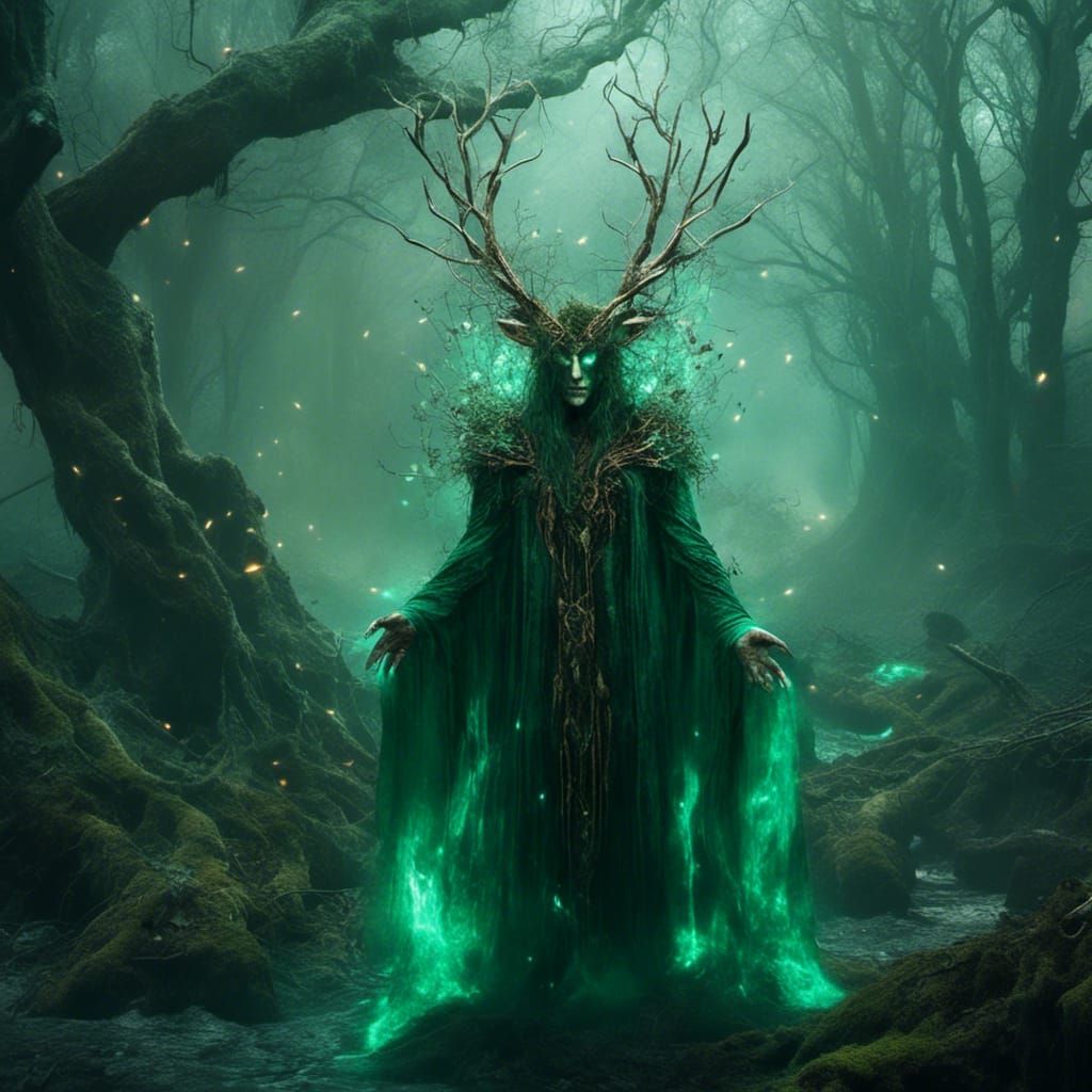 Celtic Druid Casting Spell in Mystic Forest
